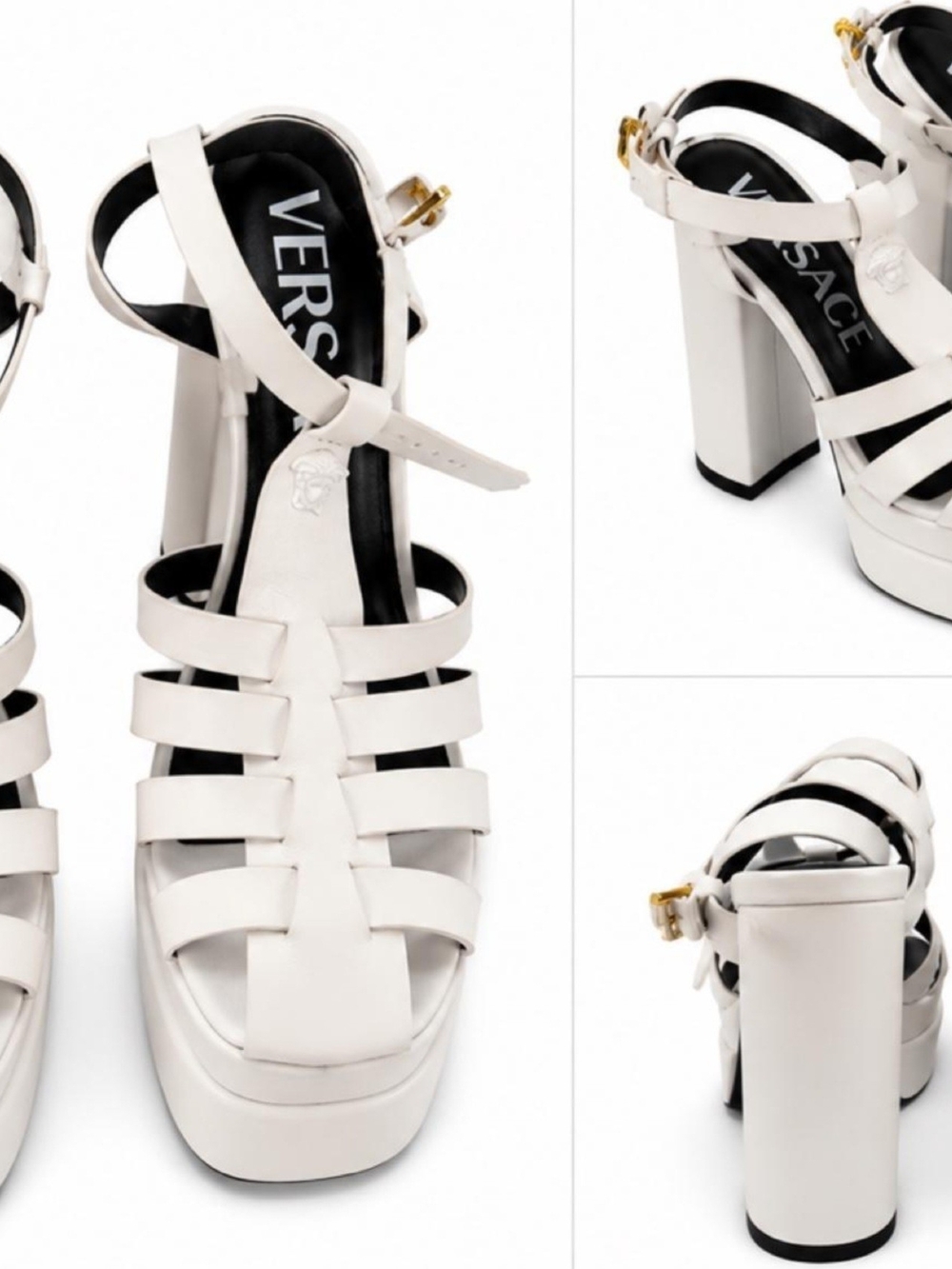 Versace White Leather Strappy Platform Block Heels